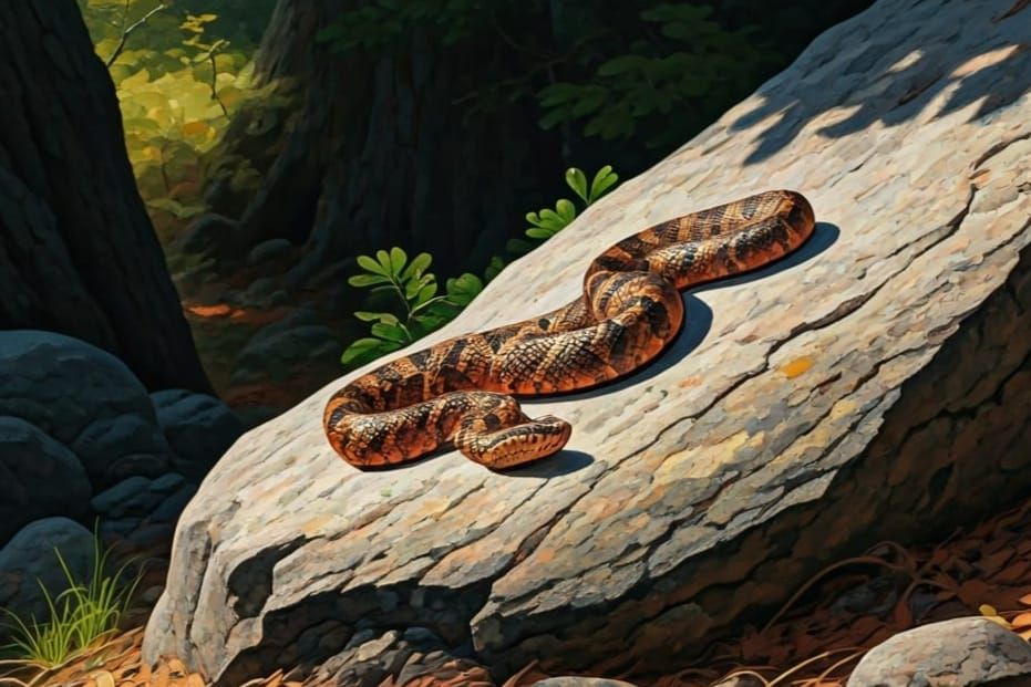 Eastern Copperhead in Rocky Forest, Watercolor Painting