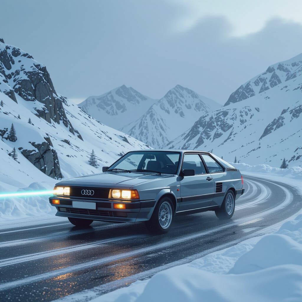 Retro-Futuristic Audi Coupe on Snowy Mountain Road