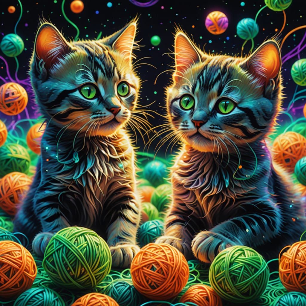 Kittens Play with Neon Wool in Cosmic Illustration