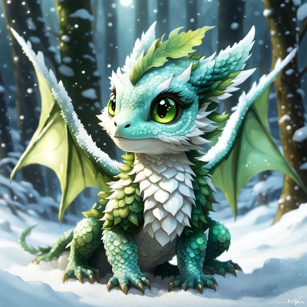 Whimsical Baby Leaf Dragon Playing in Snow