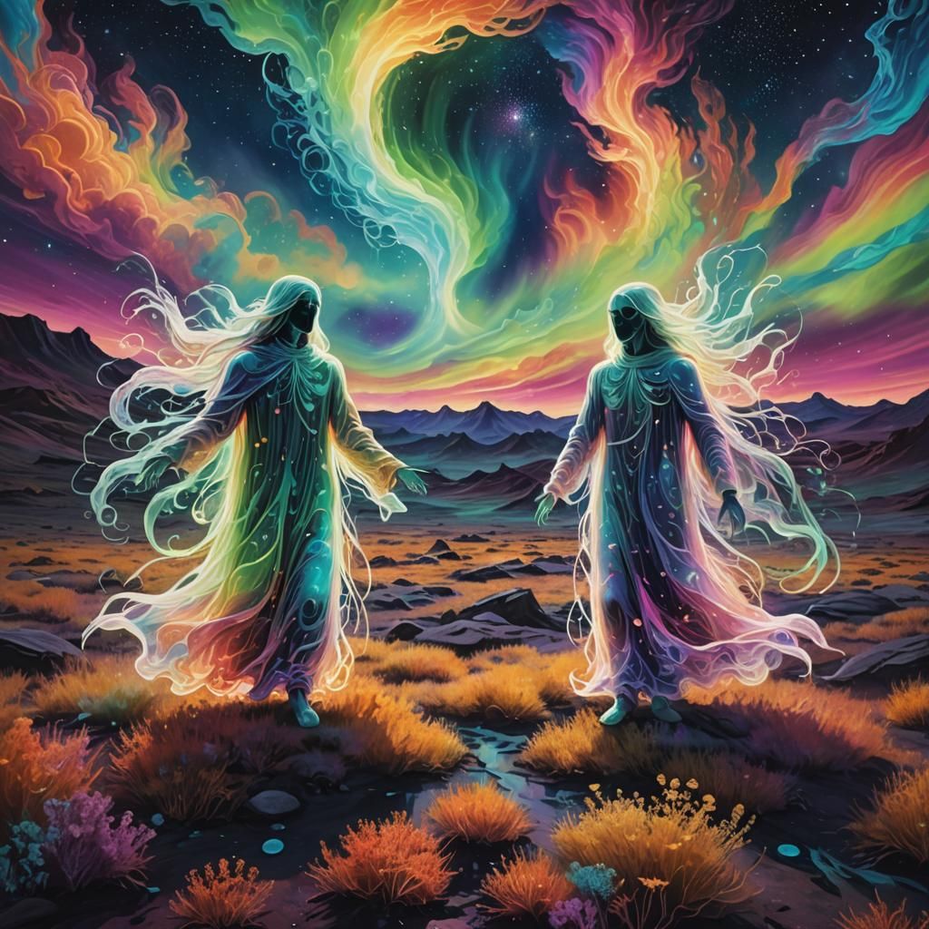 Ethereal Astral Figures in Cosmic Landscape