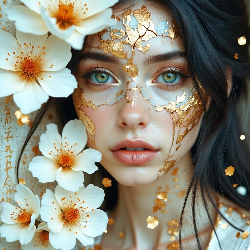Ethereal Woman in Kintsugi Style with Golden Mended Porcelai...