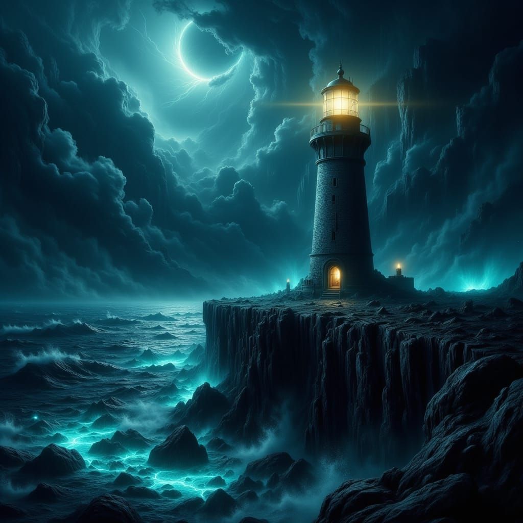 Eerie Lighthouse on Jagged Cliff in Perpetual Twilight