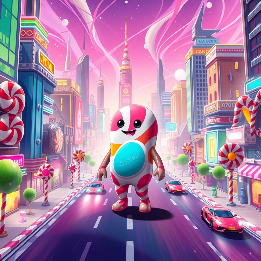 Sugar-Coated Futuristic Cityscape with Candy Character