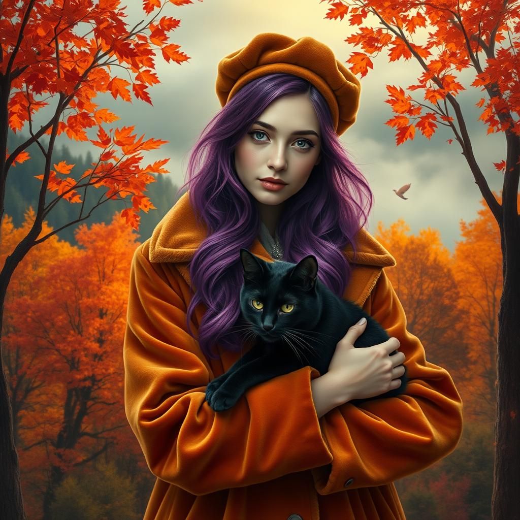 Beautiful women with purple hair holding a black cat beautif...