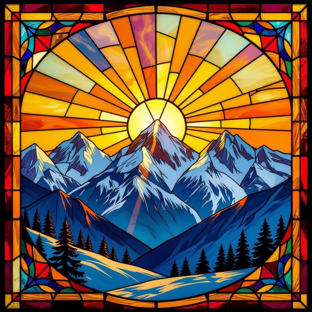 Vibrant Sunrise Over Snow-Capped Mountains in Stained Glass ...
