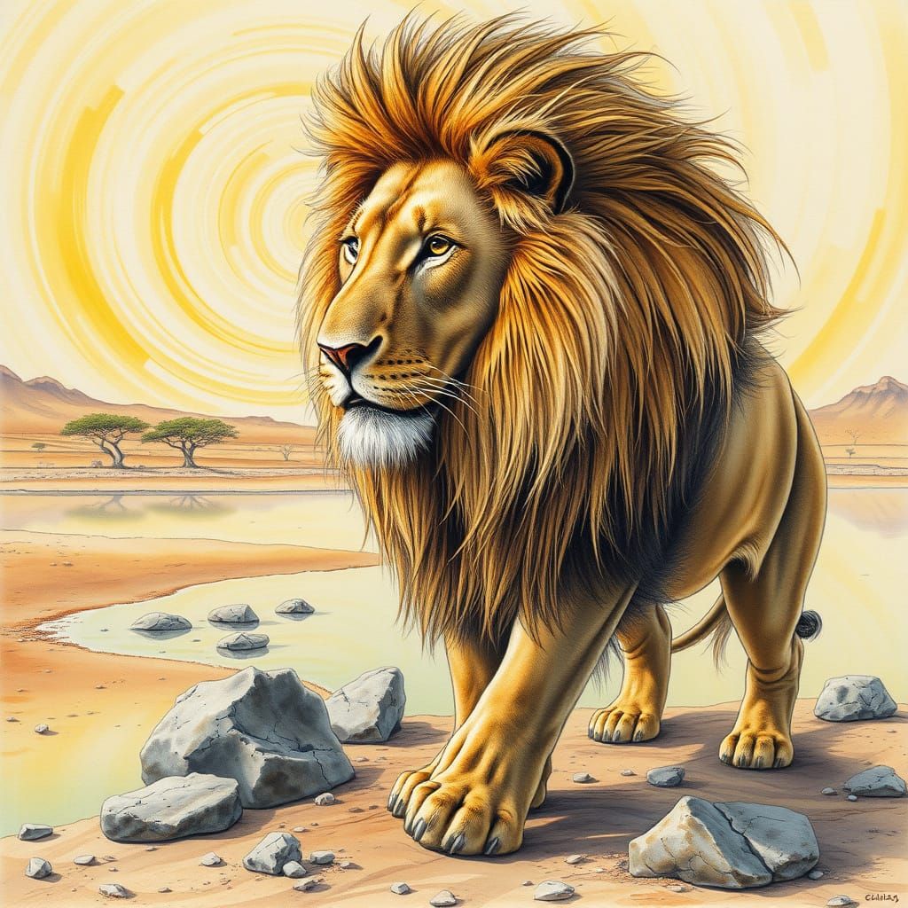 Lion in Vibrant Galatic Watercolour Landscape