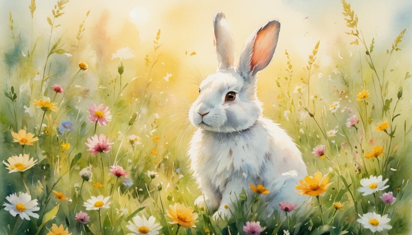Fluffy Rabbit in Summer Meadow: Watercolor Painting