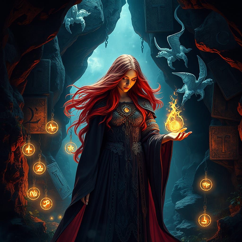 Sorceress Weaves Arcane Spell in Grotto of Glowing Foliage