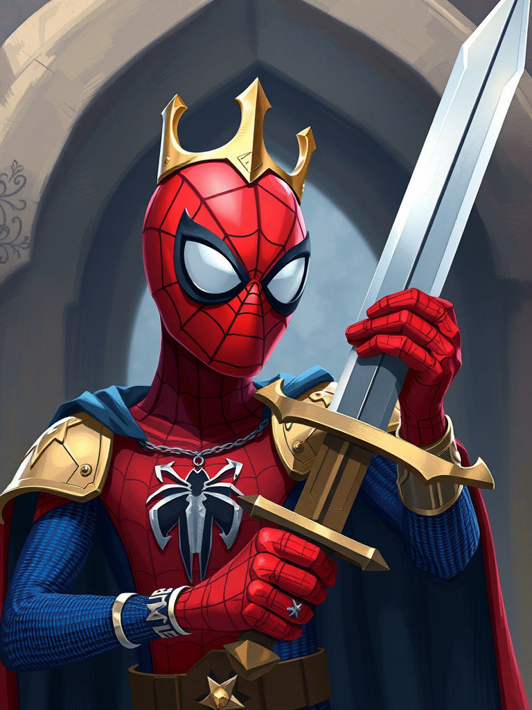 Spiderman as King Arthur with Excalibur
