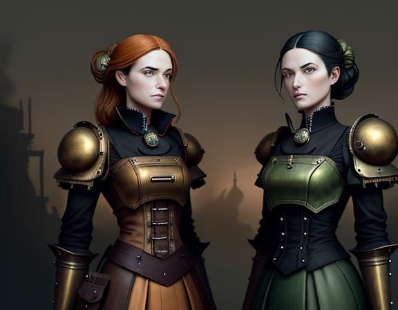 Steampunk Twins in Time Machine: Dark Fantasy Concept Art