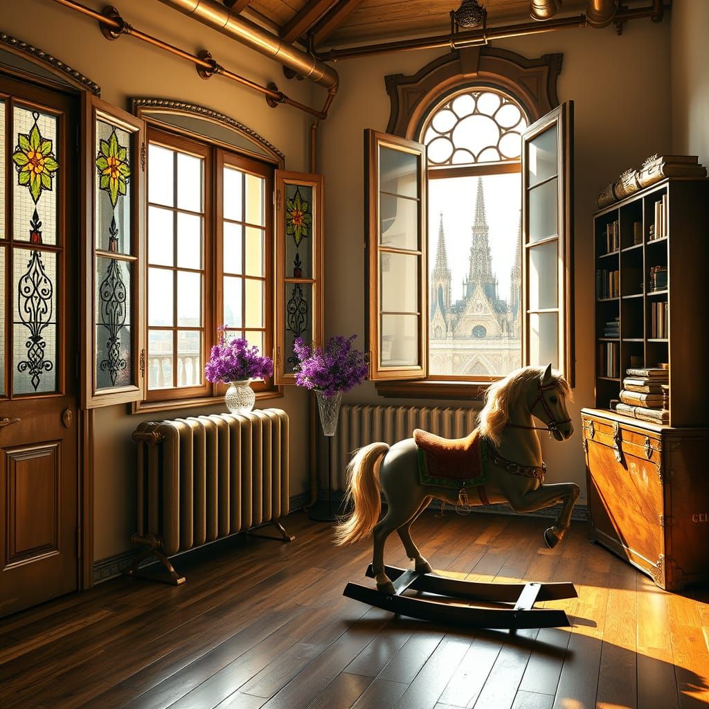 Steampunk Parisian Attic with Warm Wood Floors and Notre Dam...