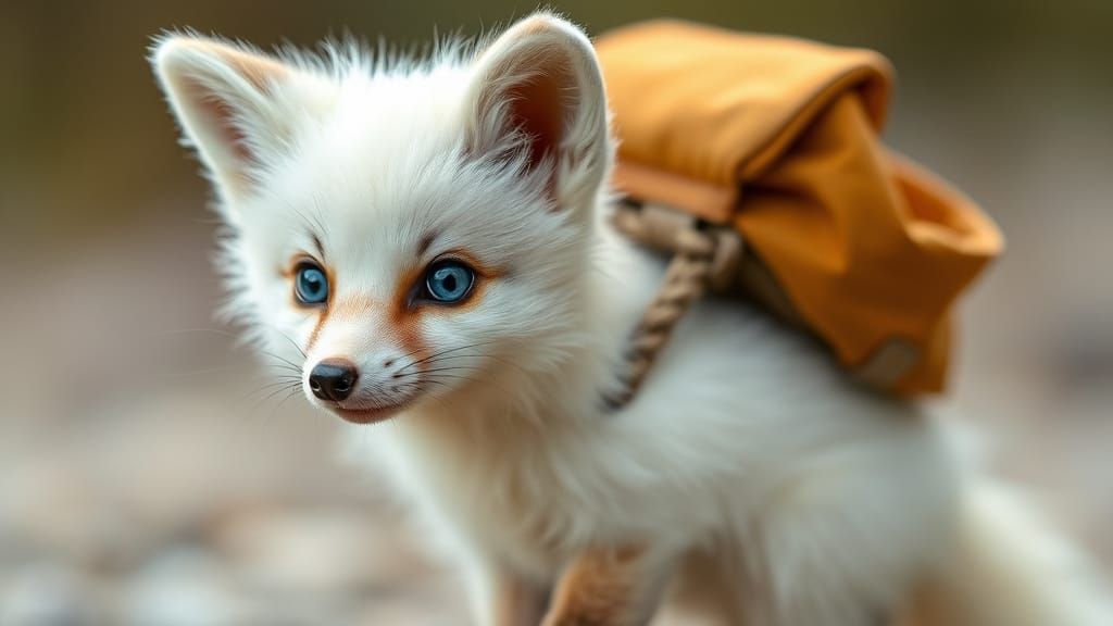 Cute White Baby Fox with Bag in Cyberpunk Style