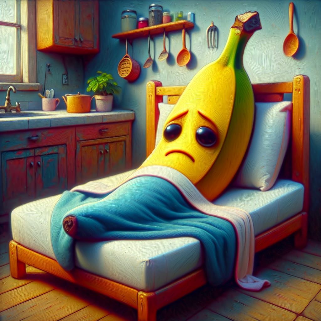 Sad Banana in Bed: CGI Cartoon Oil Painting