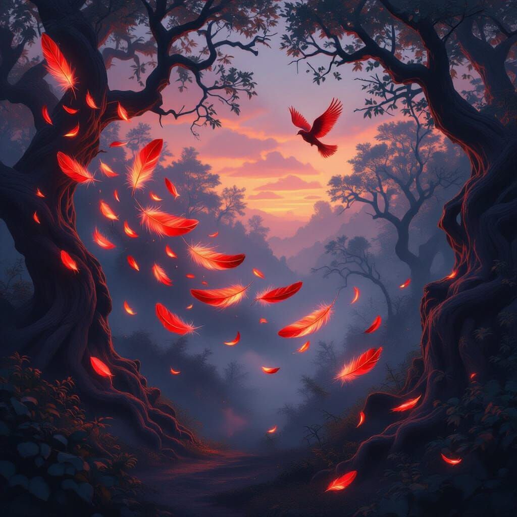 Glowing Crimson Feathers in Enchanted Forest at Twilight