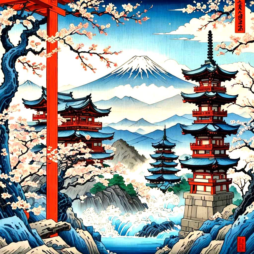 Dragons near Mt. Fuji in Ukiyo-e Style