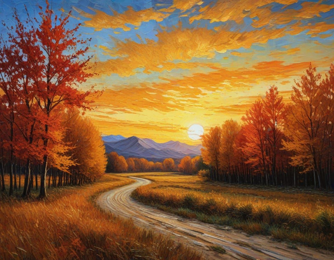 Autumn Sunset in Van Gogh's Impasto Style