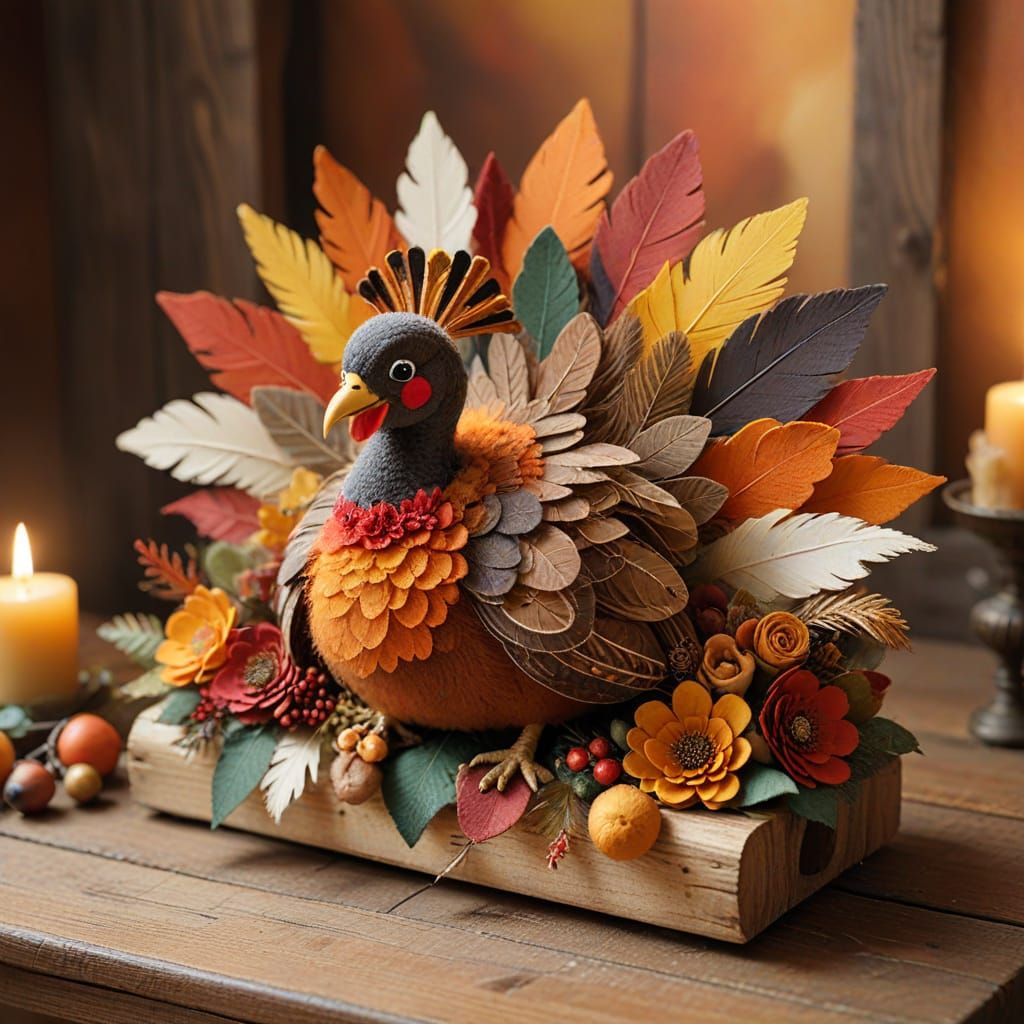 Folk Art Turkey Centerpiece with Felt Flowers