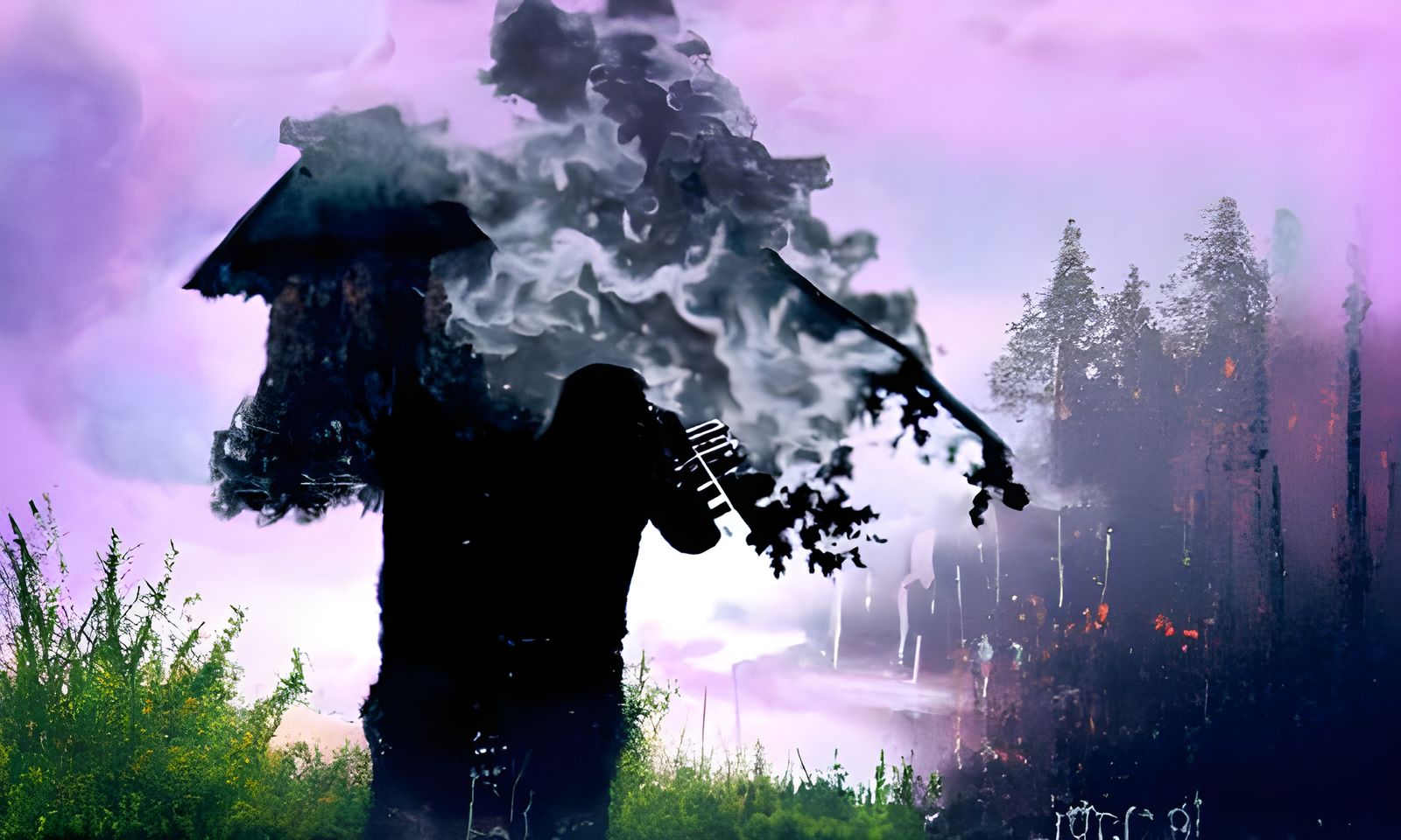 Surreal Dream Garden with Axe Wielding Figure