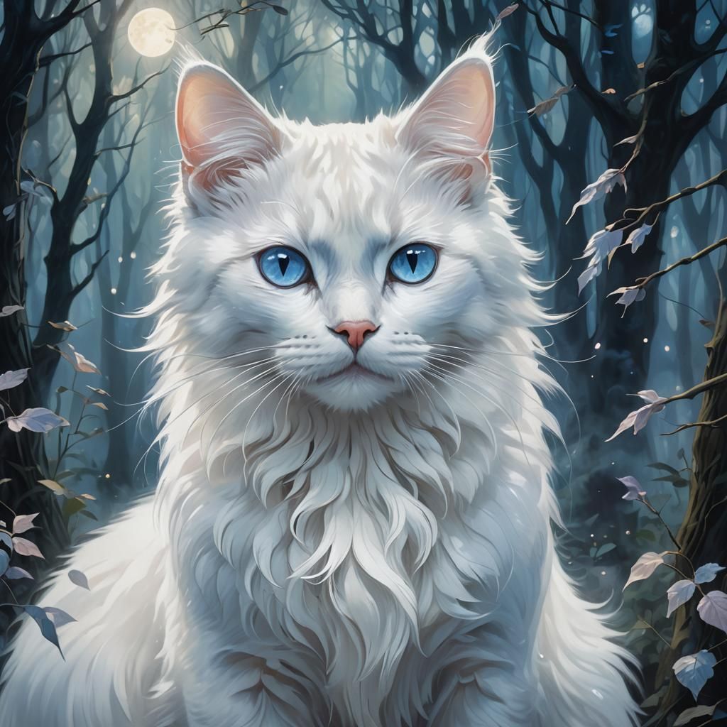 Ethereal Translucent Cat Portrait in Misty Moonlight