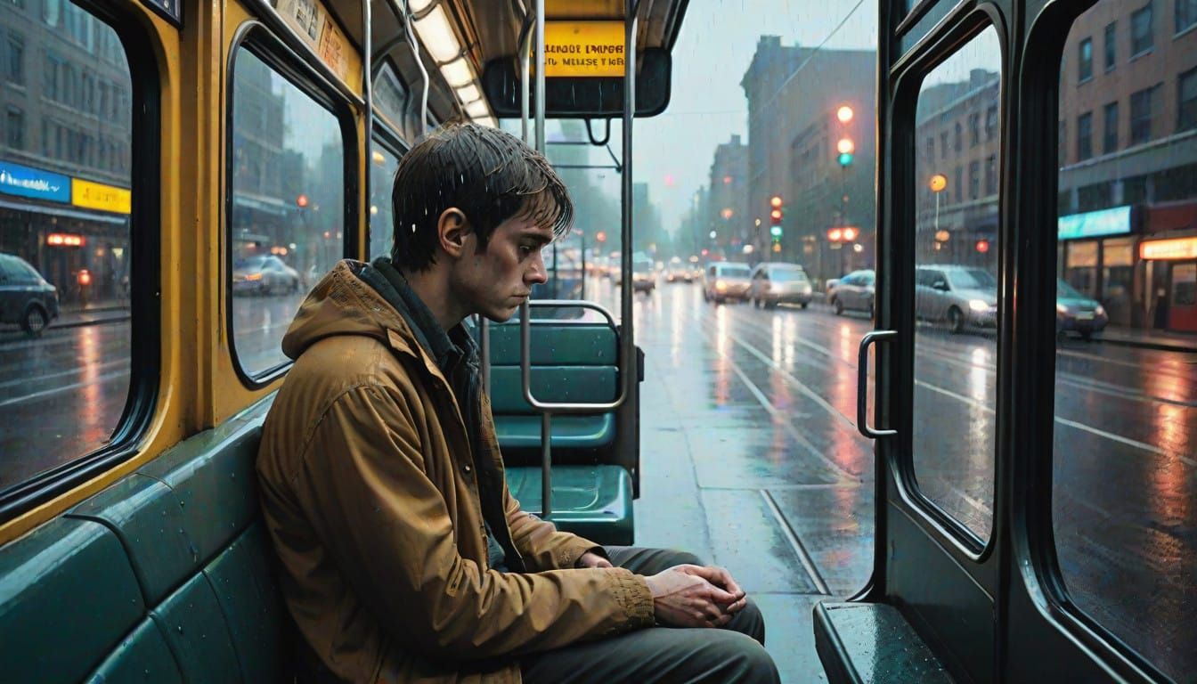 Solitary Figure Lost in Rainy Cityscape