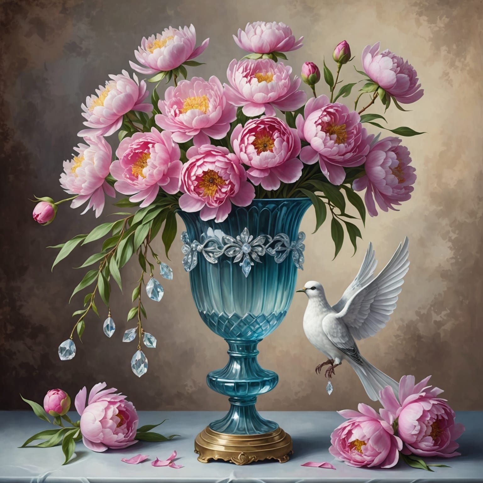 Elegant Vase of Pink Peonies with Crystal Dove
