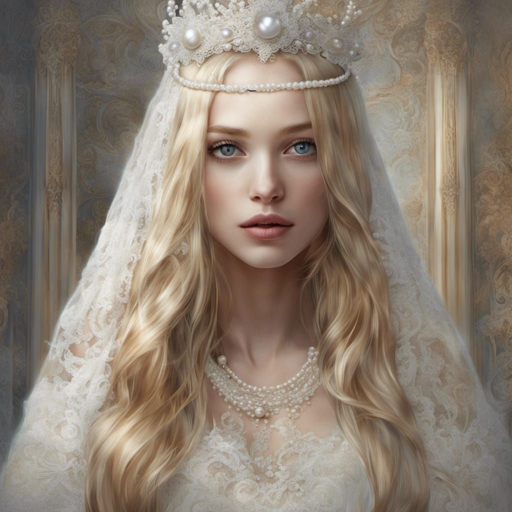 Radiant Girl with Pearl Tiara in Oil Painting