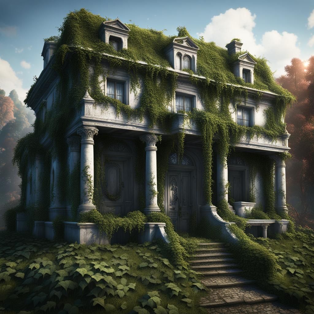 Desolate White Antebellum House with Ivy: Matte Painting
