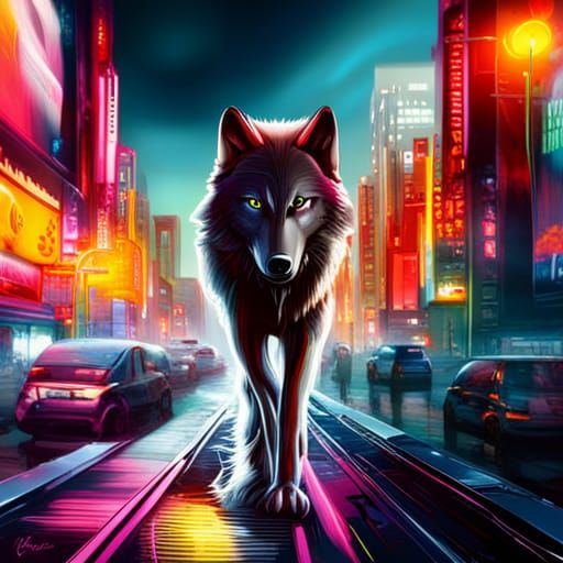 Cyborg Wolf in Futuristic Night City, 3D Graffiti Art