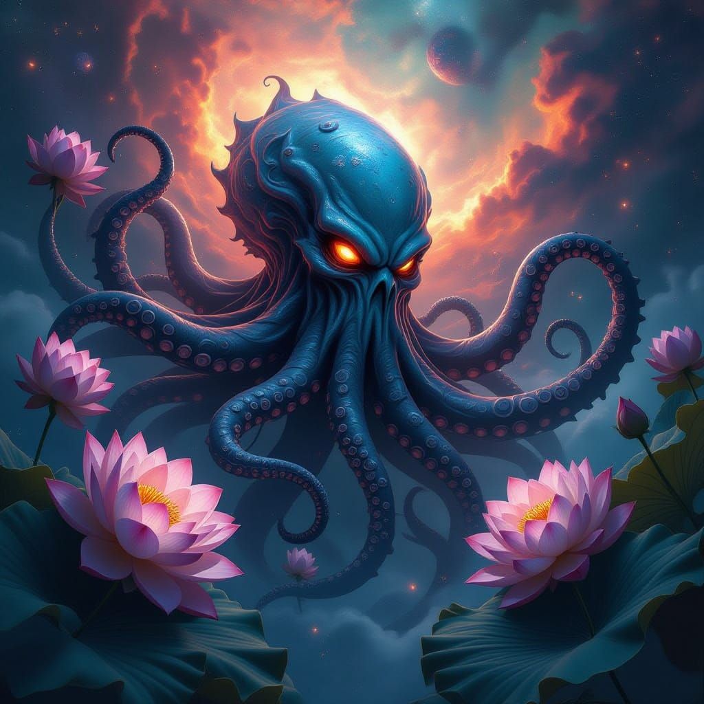Lovecraftian Horror Embodied in Cosmic Lotus Bloom