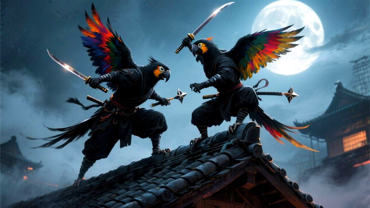 Macaw Ninjas on Rooftops in Cinematic Digital Art