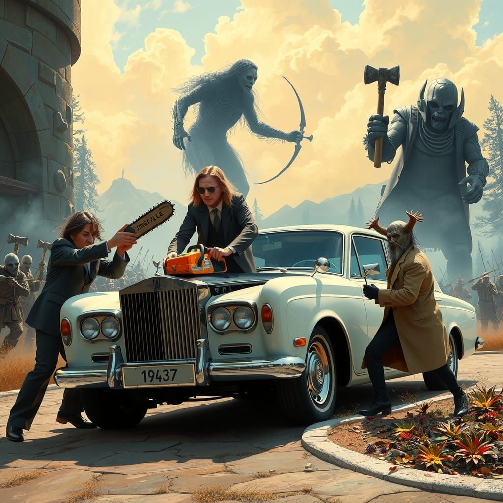 John Lennon cuts the top off his white Rolls Royce with a ch...