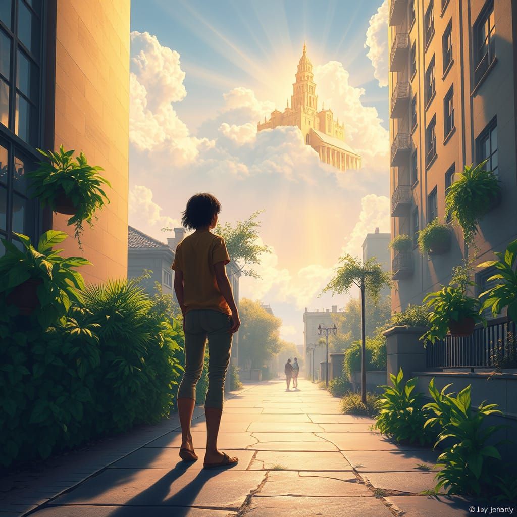 Celestial Mansion in Clouds Above Nature-Connected Figure