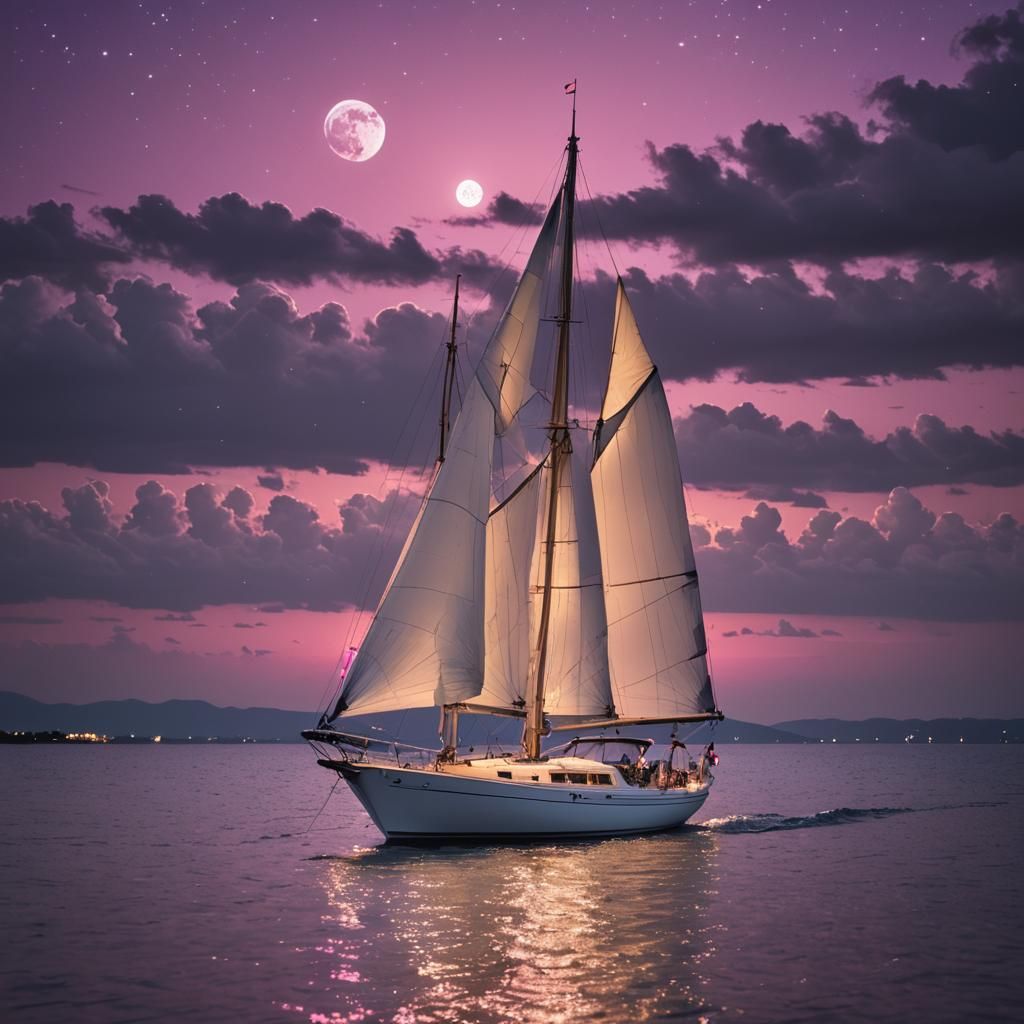 Illuminated Sailboat at Sunset Under Magenta Skies
