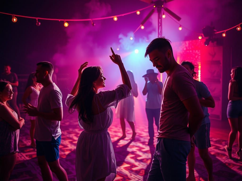 Vibrant Expressionist Dance Party on Sunny Beach