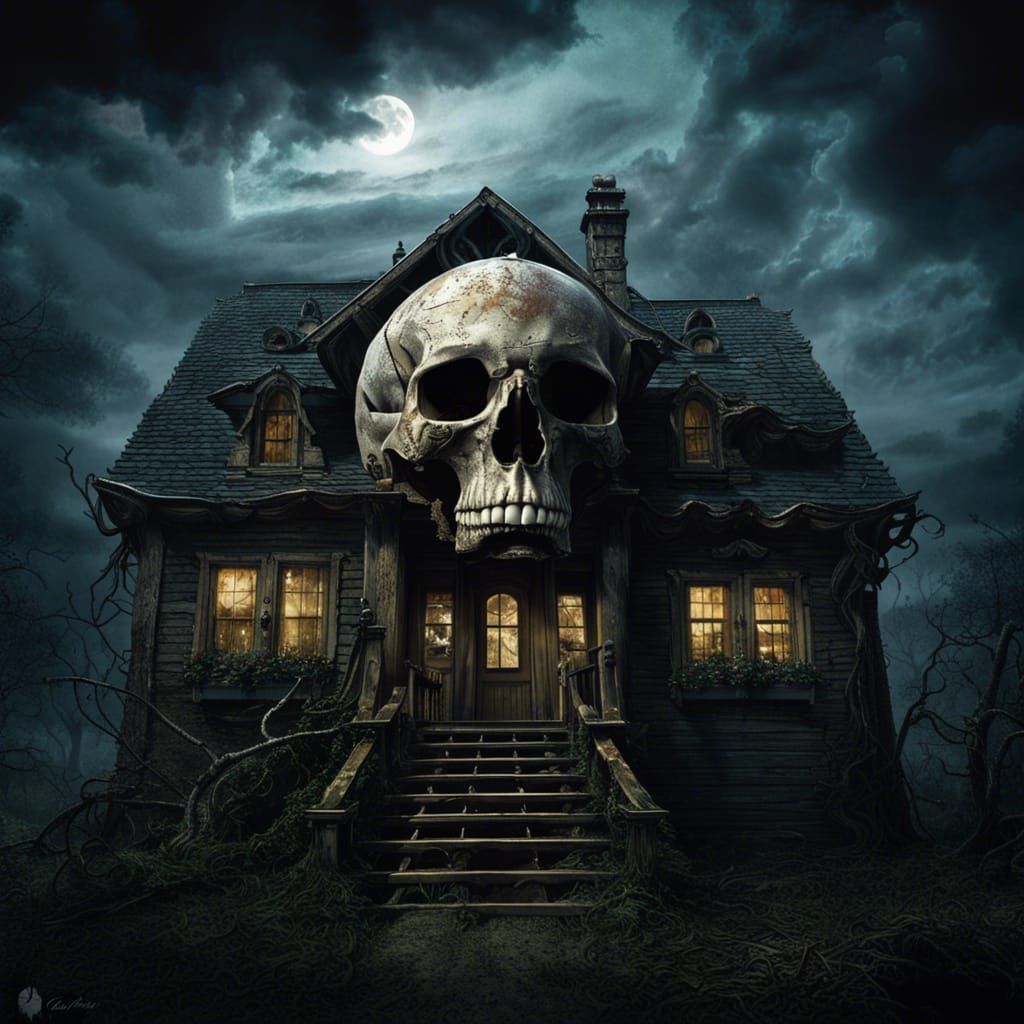 Sinister Skull House in Moonlight, Gustave Doré Style