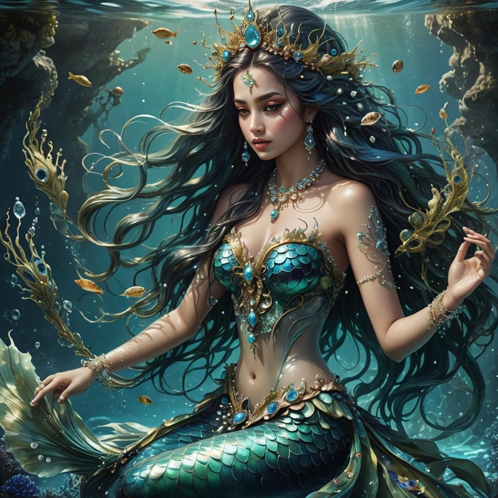 Young Mermaid with Peacock Tail in Detailed Matte Painting