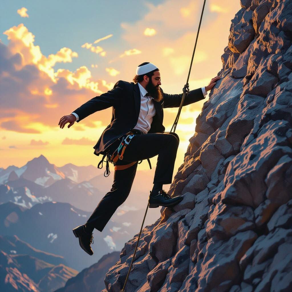 Haredi Man Ascends Mountain in Dramatic Sports Poster