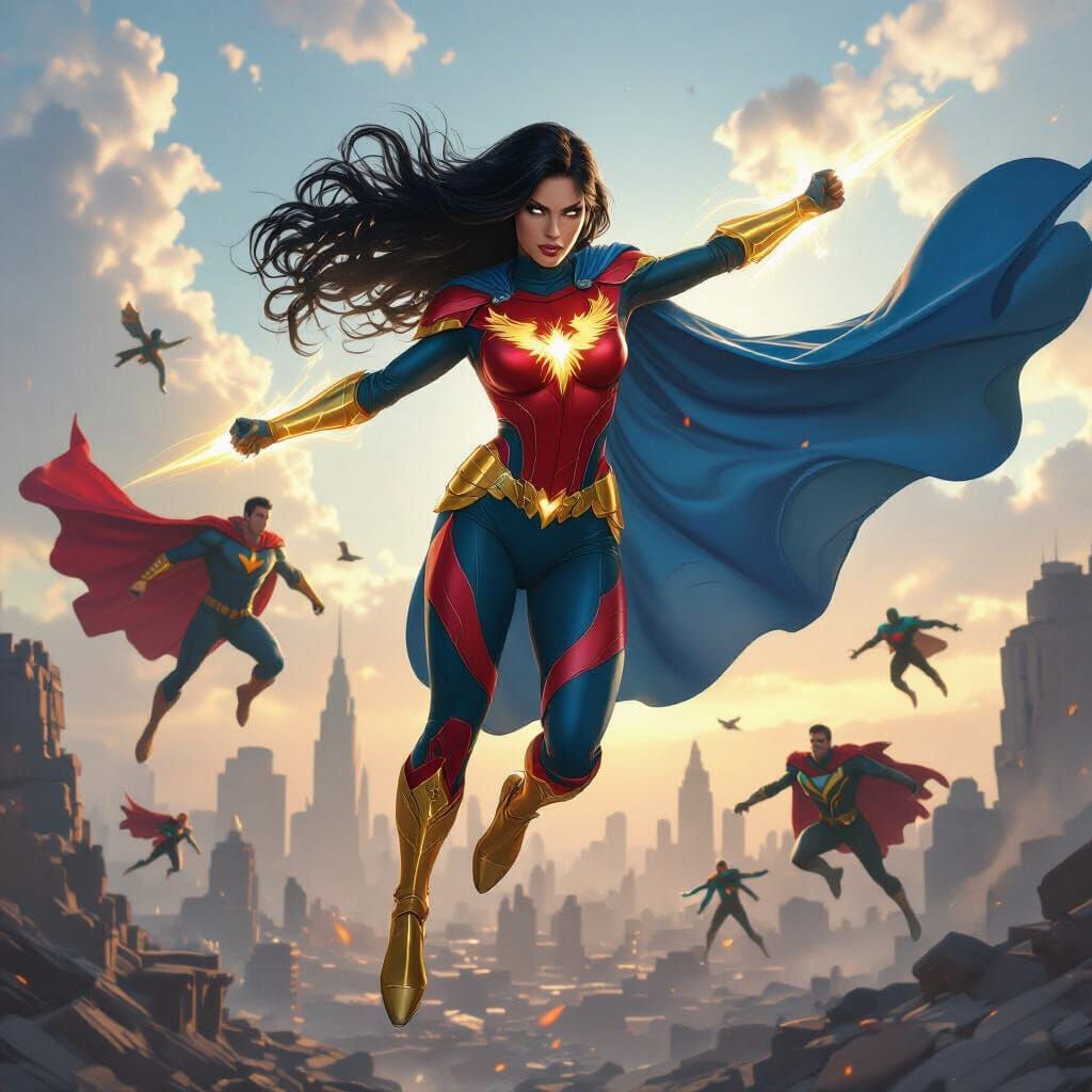 Epic Superhero Battle Above Crumbling City, in Film Style