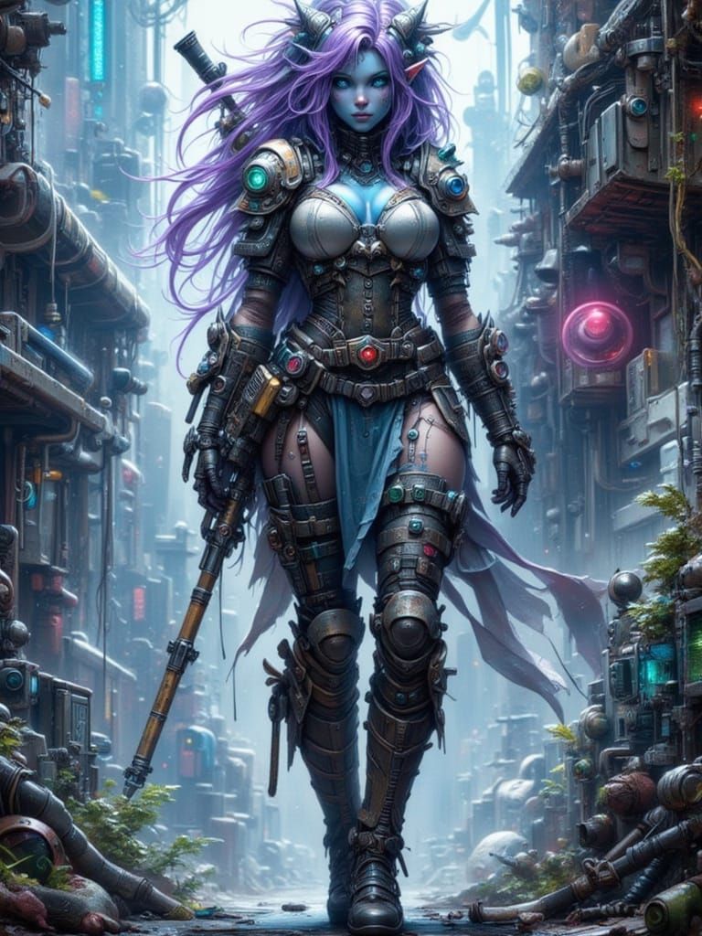 Gorgeous Cyberpunk Elf Rogue in Post-Apocalyptic Setting