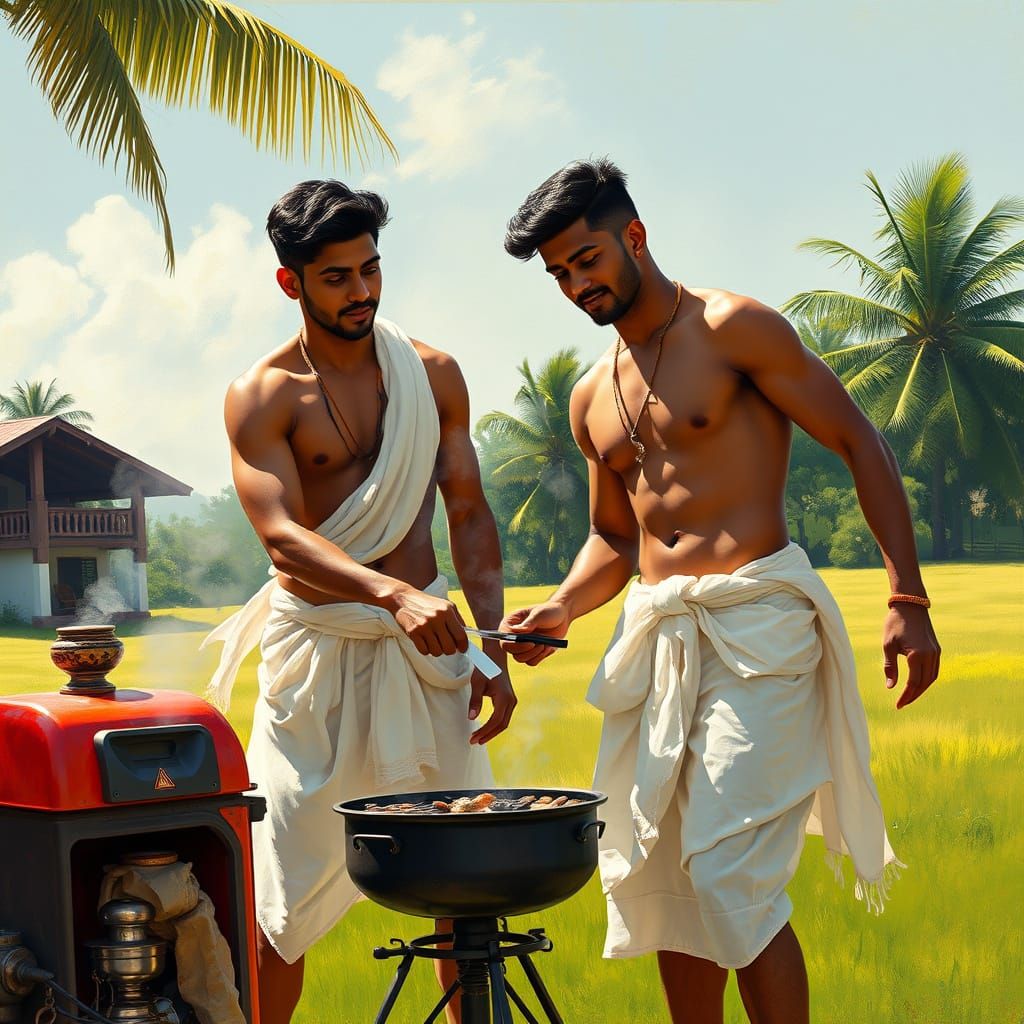 Indian Men Cooking Barbecue in Vibrant Scene