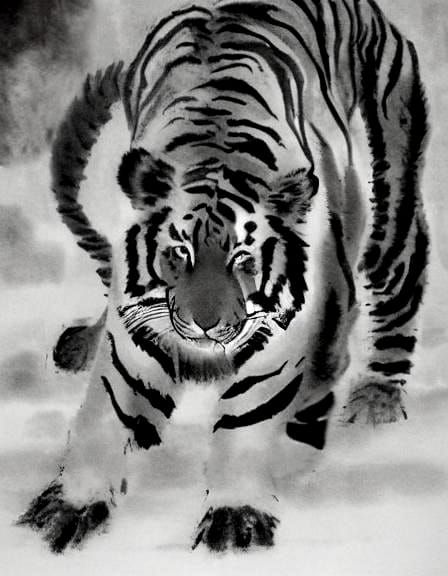 Siberian Tiger Stalking Prey: Black Ink Painting