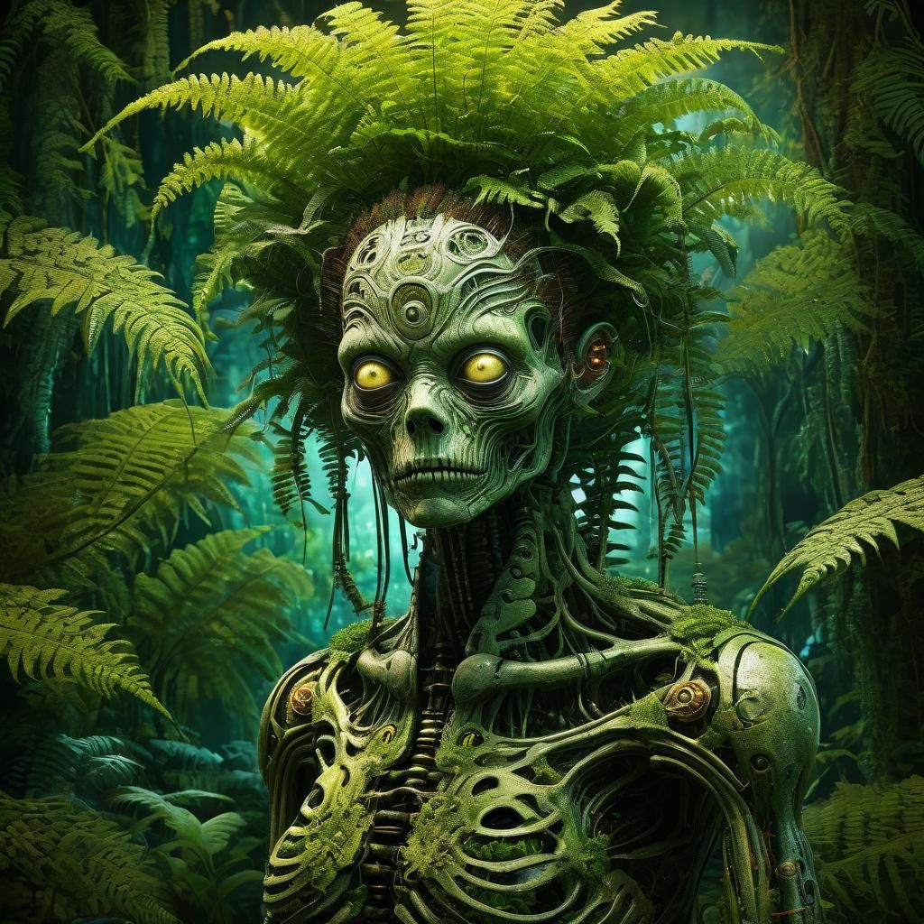 Zombie Fern in Biomechanical Forest, Surreal Art