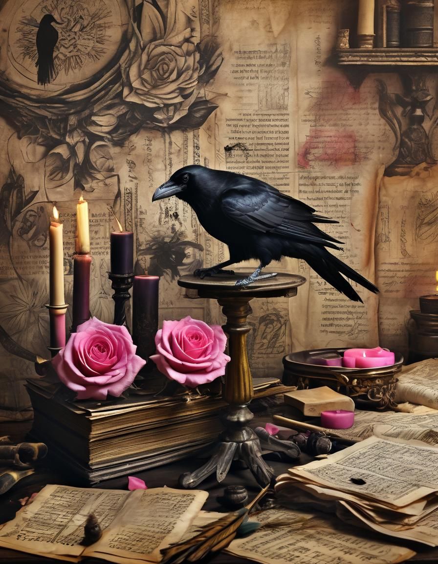 Baroque Raven with Quill Pen Still Life