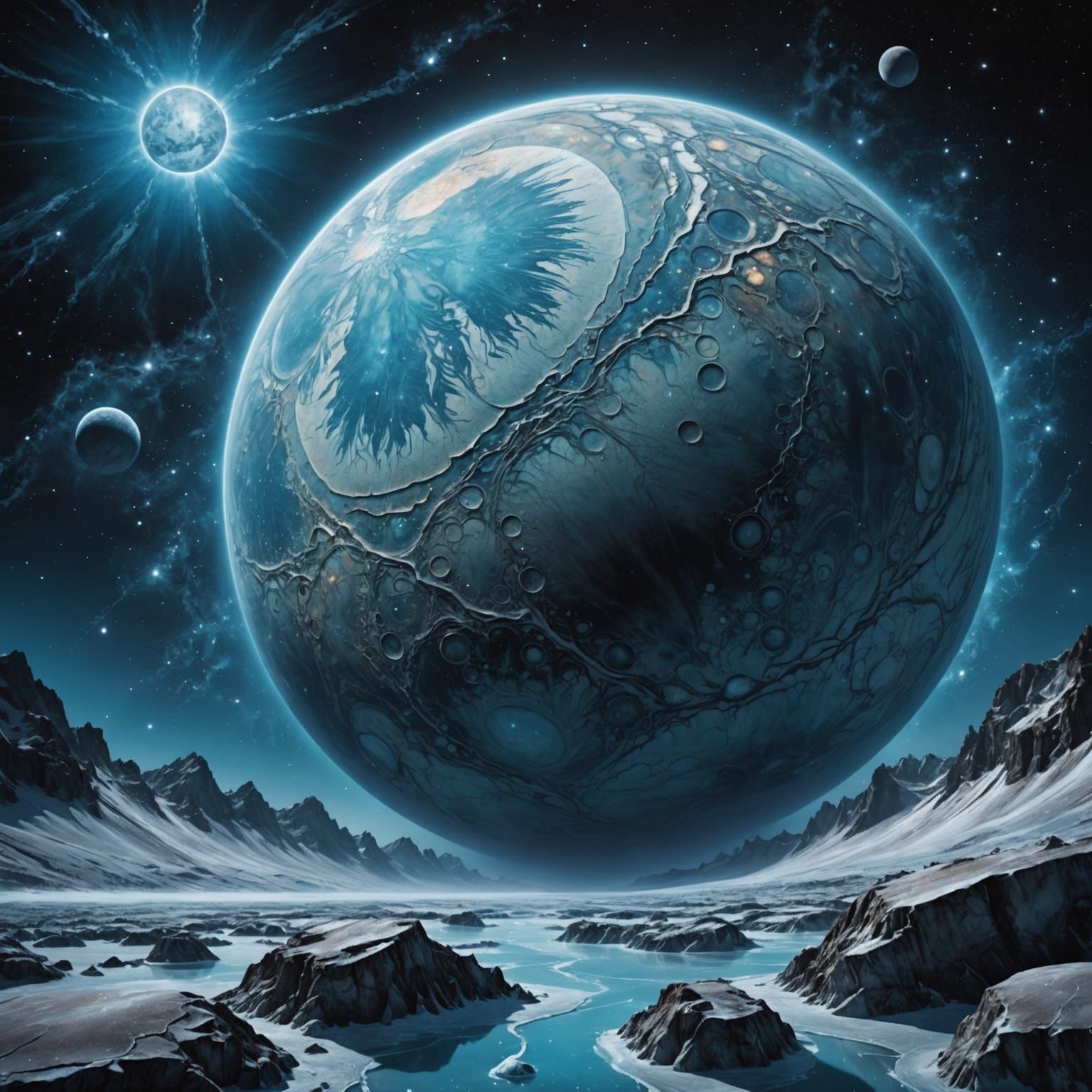 Europa's Icy Glow: Cosmic Art Style Illustration