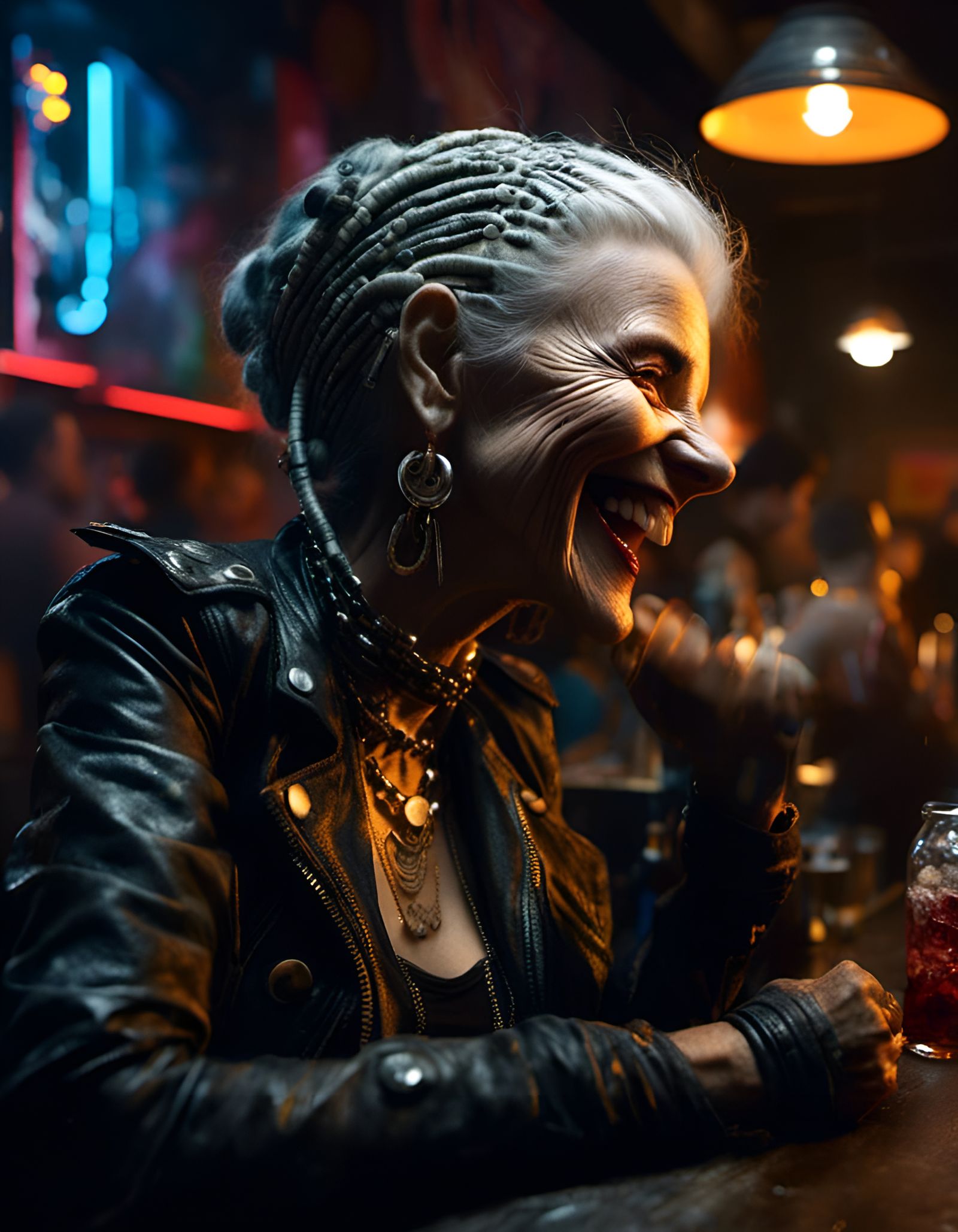 Grinning Punk-Rocker in Graffiti Bar, Hyperrealistic Close-U...