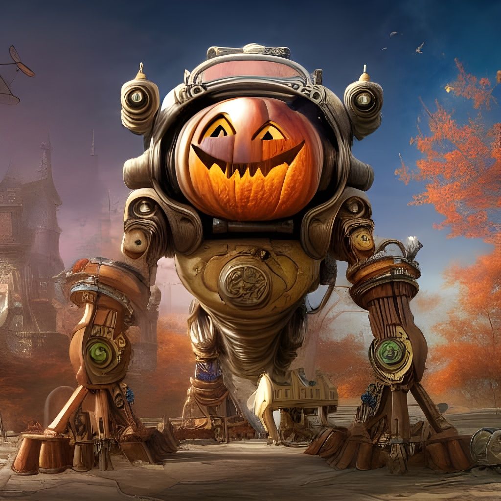 Steampunk Robot Scarecrow in Sci-Fi Village