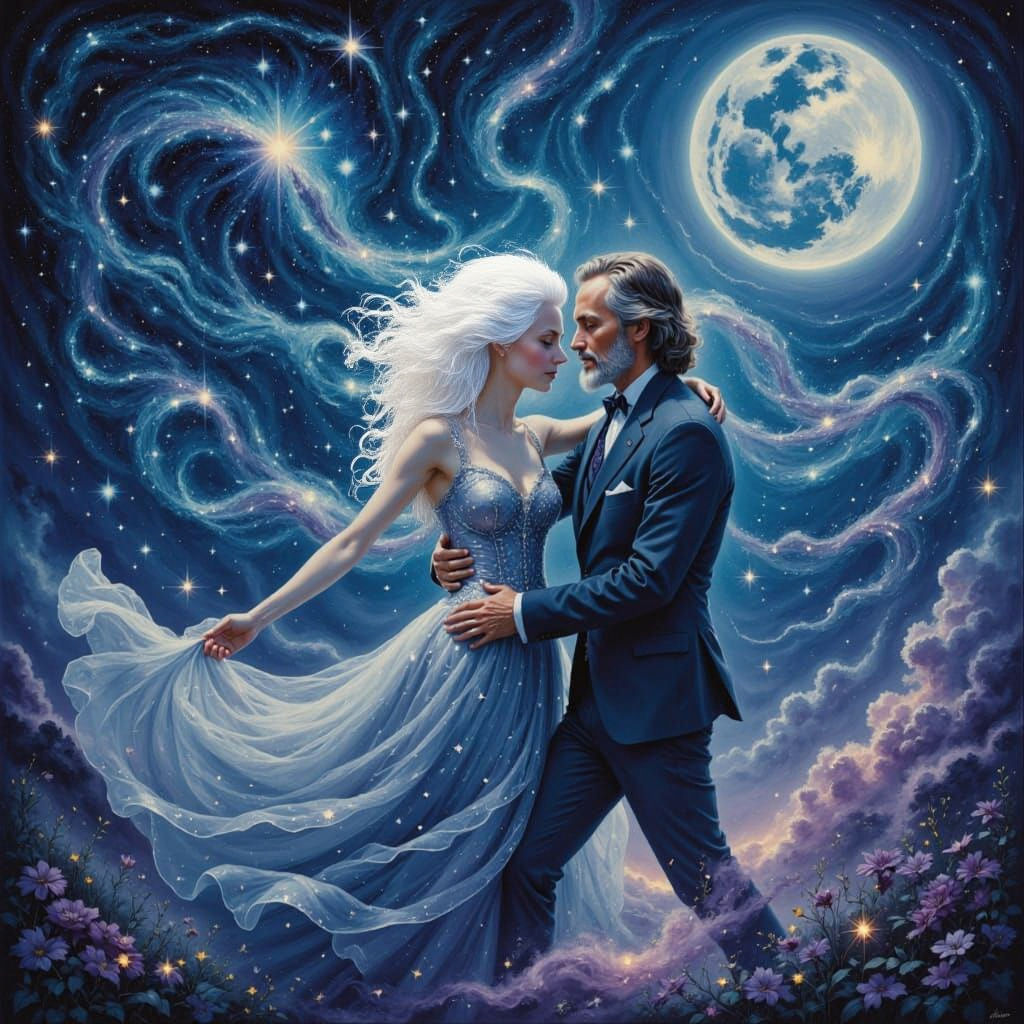 Elderly Couple Dancing in Cosmic Starry Sky
