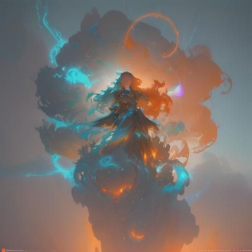 Sky Woman Above Fire Clouds in Art Nouveau Style