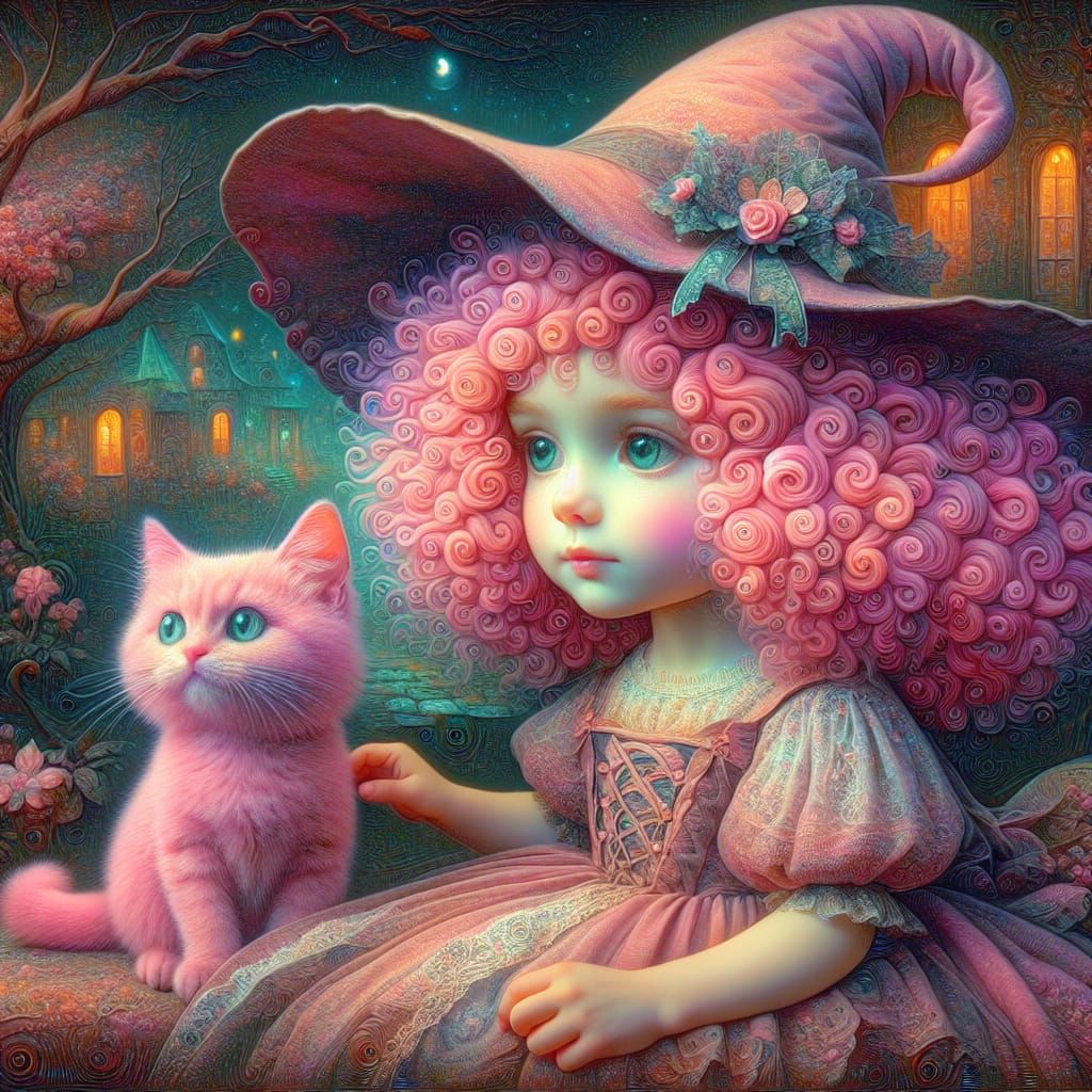 Whimsical Pink-Haired Girl with Kitten, in Romantic Style